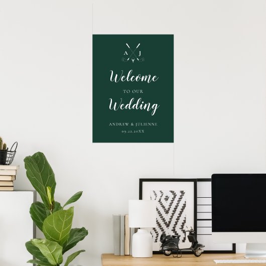 Emerald Green Monogram Golf Wedding Willkommen Poster (Heimbüro)