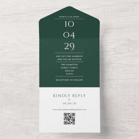 Emerald Green Monogram QR Code Hochzeitdatum All In One Einladung (Innen Boden)