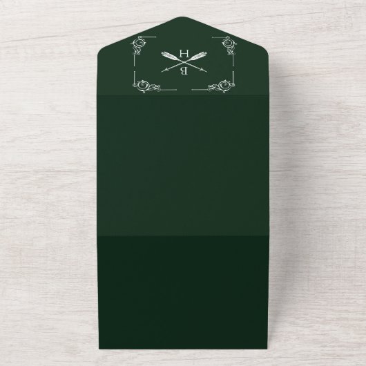 Emerald Green Monogram und Arrows Wedding All In One Einladung (Außenbereich)