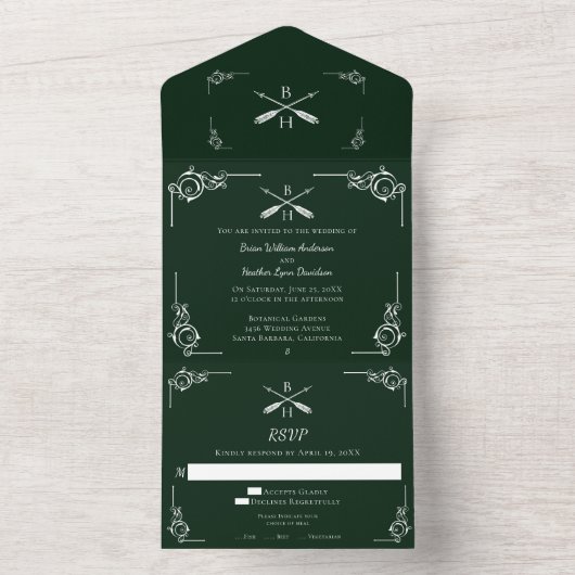 Emerald Green Monogram und Arrows Wedding All In One Einladung (Innen Boden)