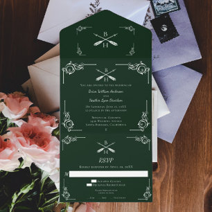 Emerald Green Monogram und Arrows Wedding All In One Einladung