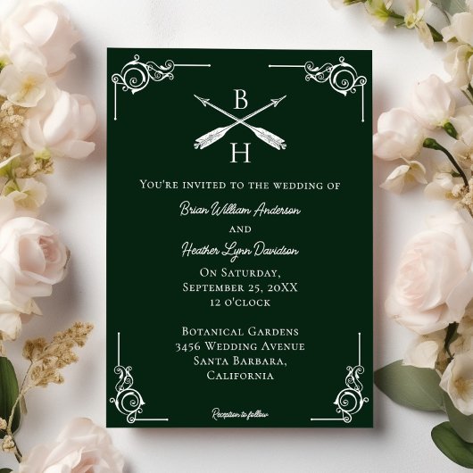Emerald Green Monogram und Arrows Wedding Einladung