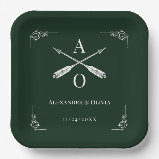 Emerald Green Monogram und Arrows Wedding Pappteller (Vorderseite)
