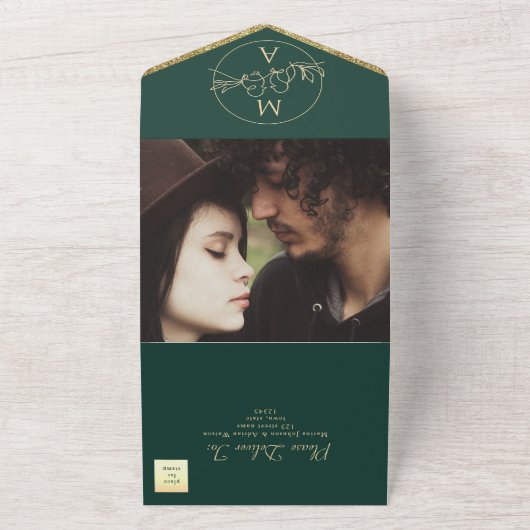 Emerald Green Monogram Wedding All In One Einladung (Außenbereich)