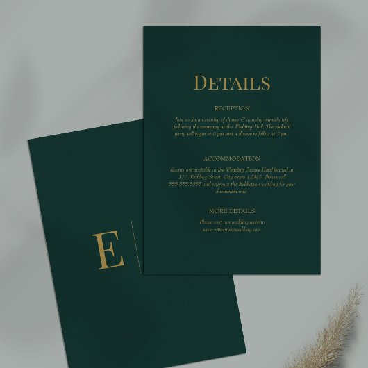 Emerald Green Monogram Wedding Details Card Einladung