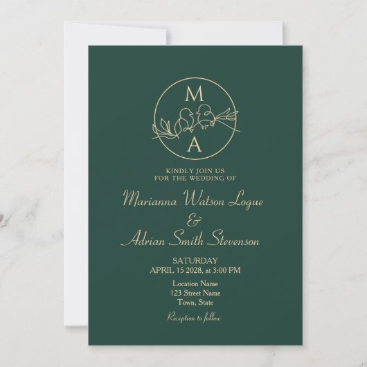 Emerald Green Monogram Wedding Einladung (Vorderseite)