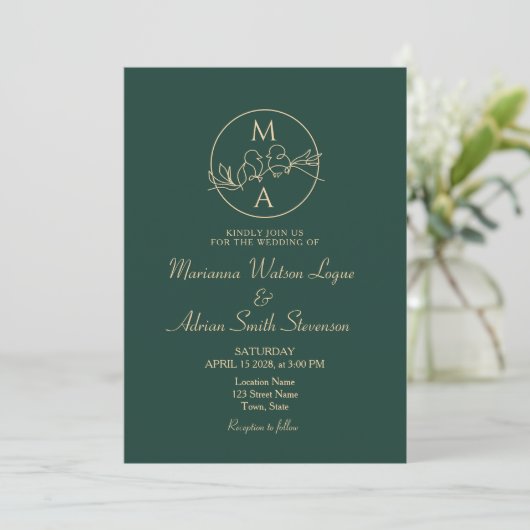Emerald Green Monogram Wedding Einladung (Stehend Vorderseite)