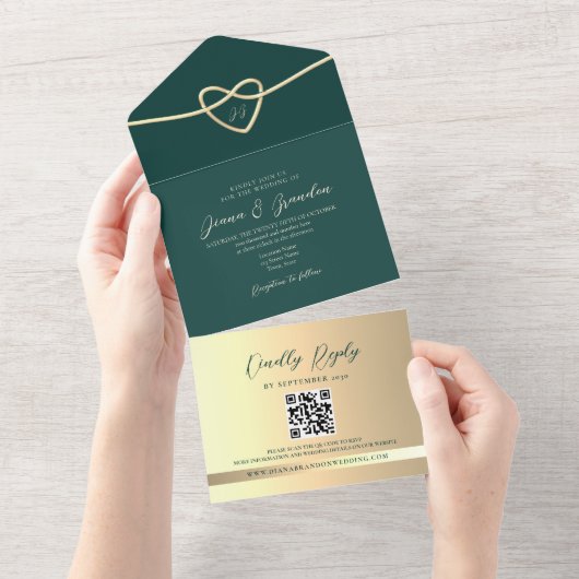 Emerald Green Monogram Wedding QR Code All In One Einladung (Abreißen)