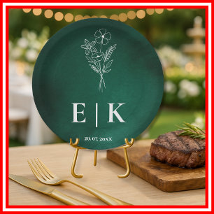 Emerald Green Monogram Wildblume Wedding Pappteller