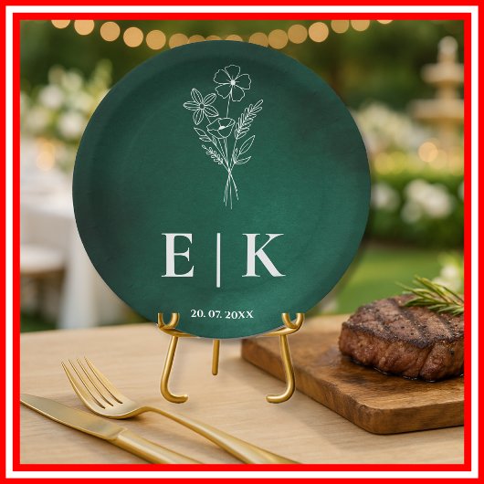 Emerald Green Monogram Wildblume Wedding Pappteller