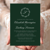 Emerald Green Monogram Wreath White Script Wedding Einladung