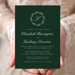 Emerald Green Monogram Wreath White Script Wedding Einladung