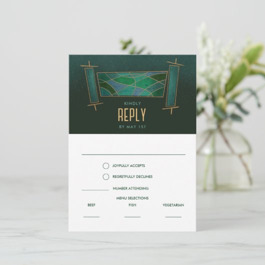 Emerald Green Mosaic Torah Scroll Response Card Einladung (Stehend Vorderseite)