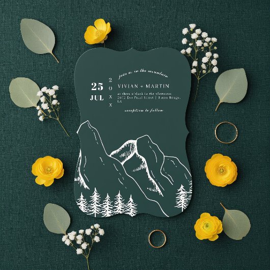 Emerald Green Mountains Pine Tree Outdoor Hochzeit Einladung