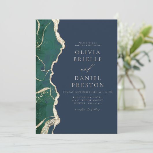 Emerald Green Navy Blue Agate Wedding QR Code Einladung (Stehend Vorderseite)