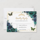 Emerald Green Navy Floral Butterfliegen Quinceañer RSVP Karte (Vorderseite)