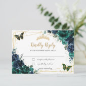 Emerald Green Navy Floral Butterfliegen Quinceañer RSVP Karte (Stehend Vorderseite)