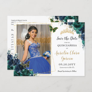 Emerald Green Navy Floral Quinceañera Fotografie Ankündigungspostkarte