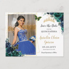 Emerald Green Navy Floral Quinceañera Fotografie Ankündigungspostkarte