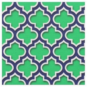 Emerald Green Navy White marokkanisches Quatrefoli Stoff