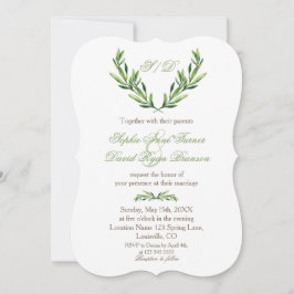 Emerald Green Olive Wreath Monogram Wedding Einladung