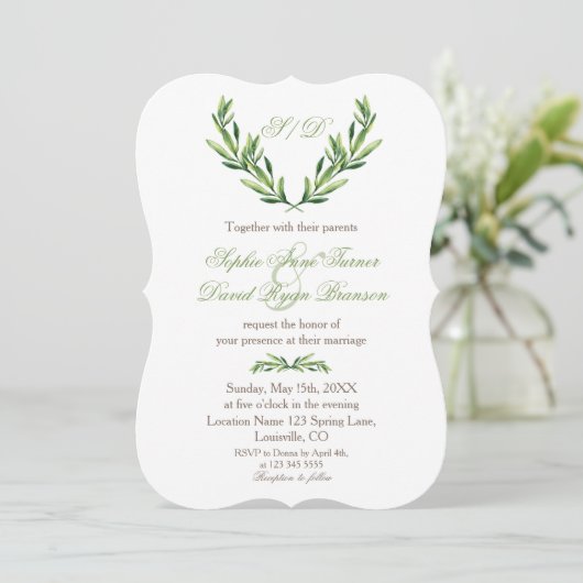 Emerald Green Olive Wreath Monogram Wedding Einladung (Stehend Vorderseite)