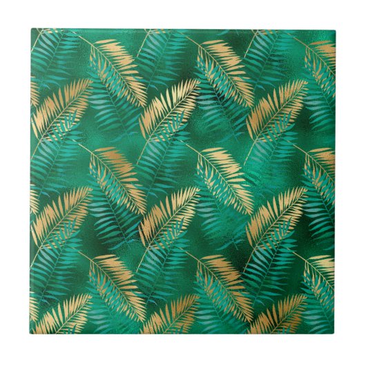 Emerald Green Palm Leaf Hell Goldener Dschungel Fliese (Vorderseite)