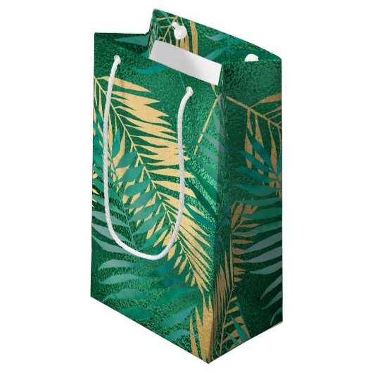 Emerald Green Palm Leaf Hell Goldener Dschungel Kleine Geschenktüte (Vorderseite Schrägansicht)