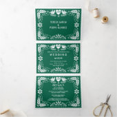 Emerald Green Papel Picado Liebesvögel Hochzeit Dreifach Gefaltete Einladung (Innenseite)