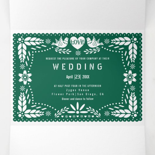 Emerald Green Papel Picado Liebesvögel Hochzeit Dreifach Gefaltete Einladung (Innenseite Mitte)
