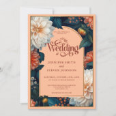 Emerald Green Pastel Peach Dahlia Herbsthochzeit Einladung (Vorderseite)