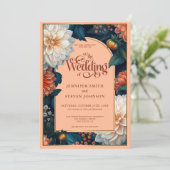 Emerald Green Pastel Peach Dahlia Herbsthochzeit Einladung (Stehend Vorderseite)