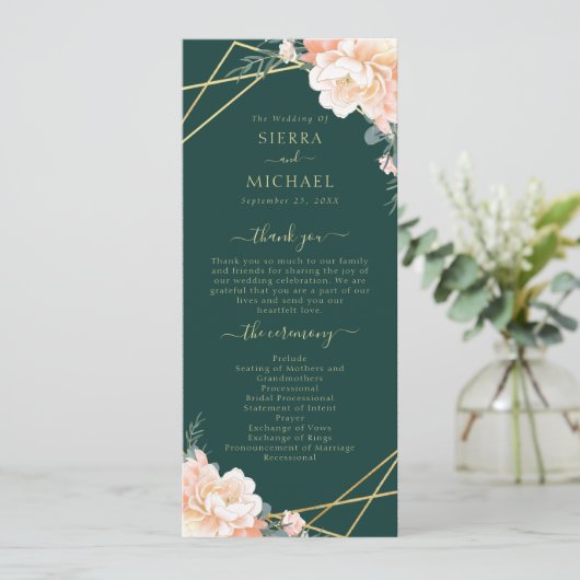 Emerald Green Peach Cream Gold Geometric Wedding Programm (Stehend Vorderseite)