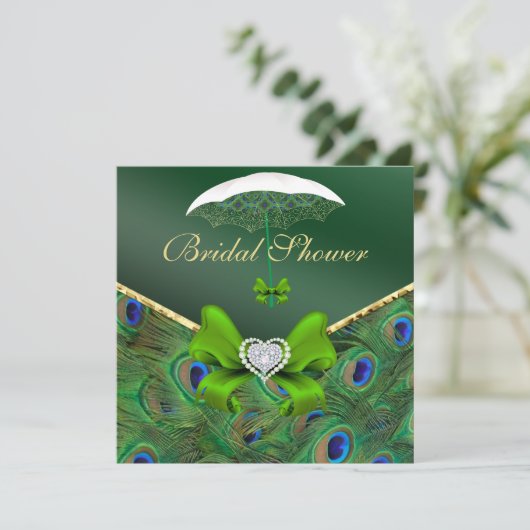 Emerald Green Peacock Brautparty laden Einladung (Stehend Vorderseite)