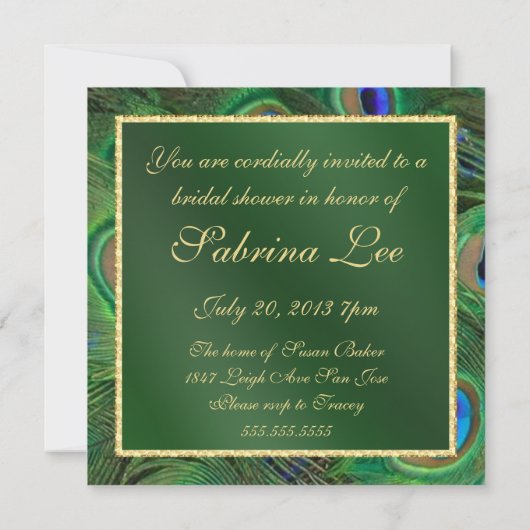 Emerald Green Peacock Brautparty laden Einladung (Rückseite)