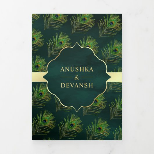 Emerald Green Peacock Feathers QR Code Wedding Dreifach Gefaltete Einladung (Cover)