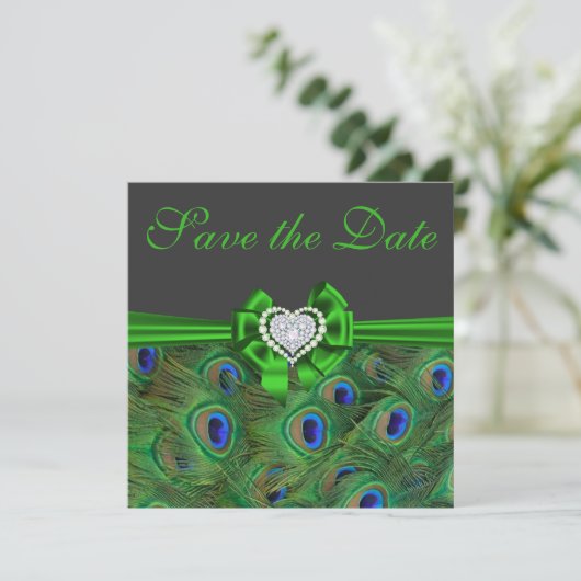 Emerald green Peacock Save the Date (Stehend Vorderseite)