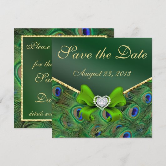 Emerald green Peacock Save the Date (Vorne/Hinten)