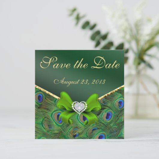 Emerald green Peacock Save the Date (Stehend Vorderseite)