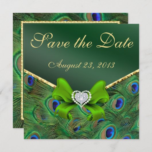Emerald green Peacock Save the Date (Vorne/Hinten)