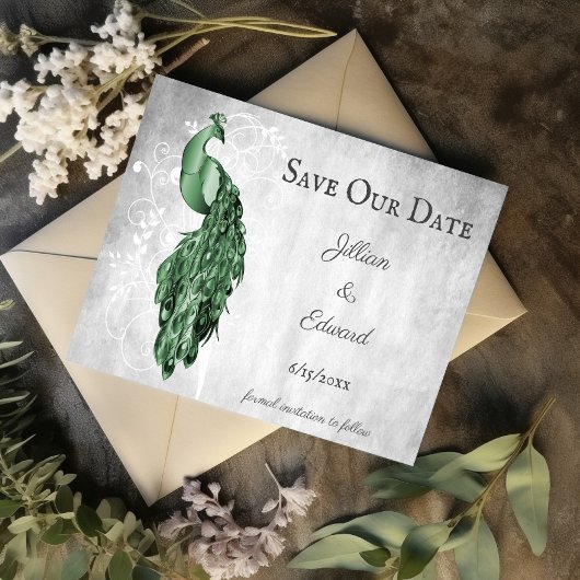 Emerald Green Peacock Save the Date Ankündigung