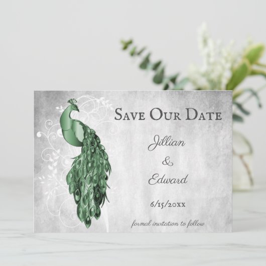 Emerald Green Peacock Save the Date Ankündigung (Stehend Vorderseite)