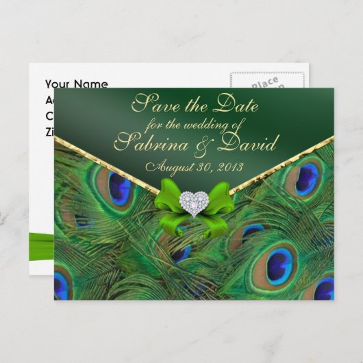 Emerald Green Peacock Save the Date Postcard Ankündigungspostkarte (Vorne/Hinten)