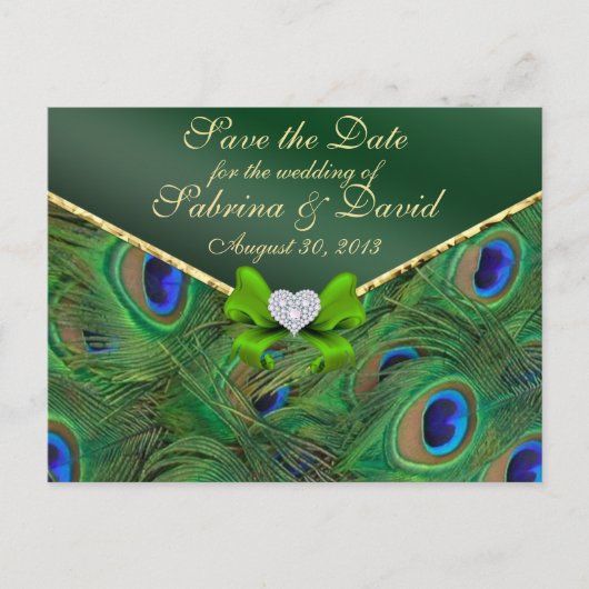 Emerald Green Peacock Save the Date Postcard Ankündigungspostkarte (Vorderseite)