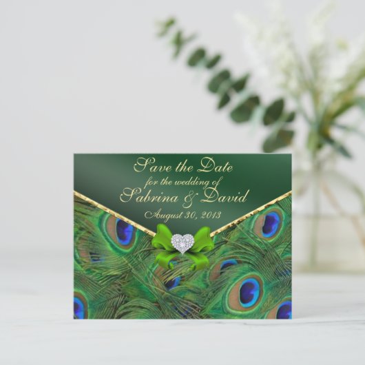 Emerald Green Peacock Save the Date Postcard Ankündigungspostkarte (Stehend Vorderseite)
