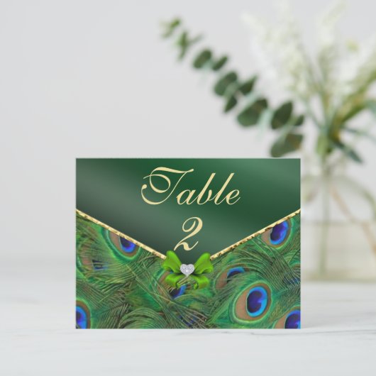 Emerald Green Peacock Tischnummer Card (Stehend Vorderseite)