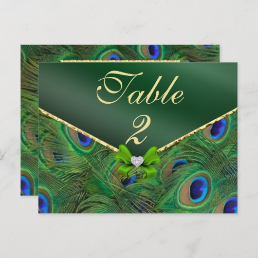 Emerald Green Peacock Tischnummer Card (Vorne/Hinten)