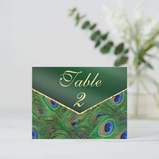 Emerald Green Peacock Tischnummer Card (Stehend Vorderseite)