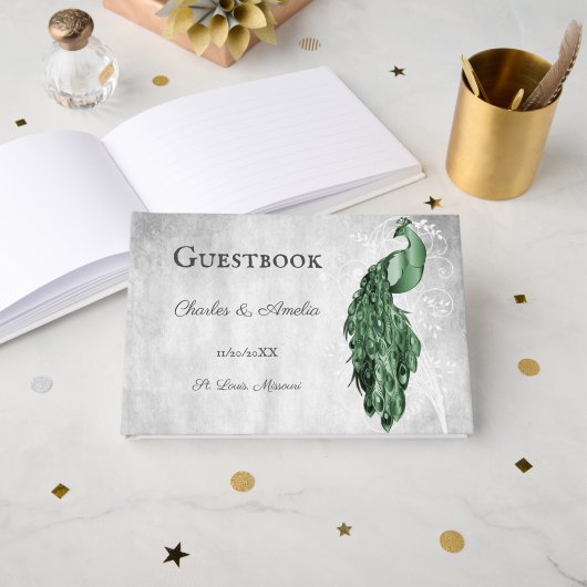 Emerald Green Peacock Wedding Guest Book Gästebuch (Vorderseite Offen)