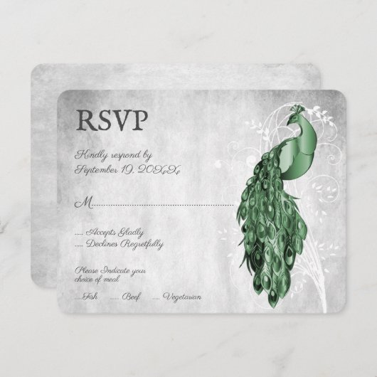 Emerald Green Peacock Wedding RSVP Card (Vorne/Hinten)